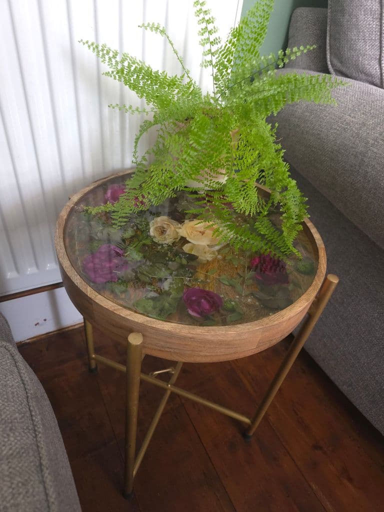 Floral resin sidetable, flowers preserved in resin from any specialnoccasion or ready made
